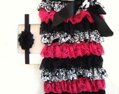 Hot Pink Black & White Lace Petti Romper SET with matching shabby flower headband-Baby Girl-Preemie-Newborn-Infant-Child-Toddler-Birthday