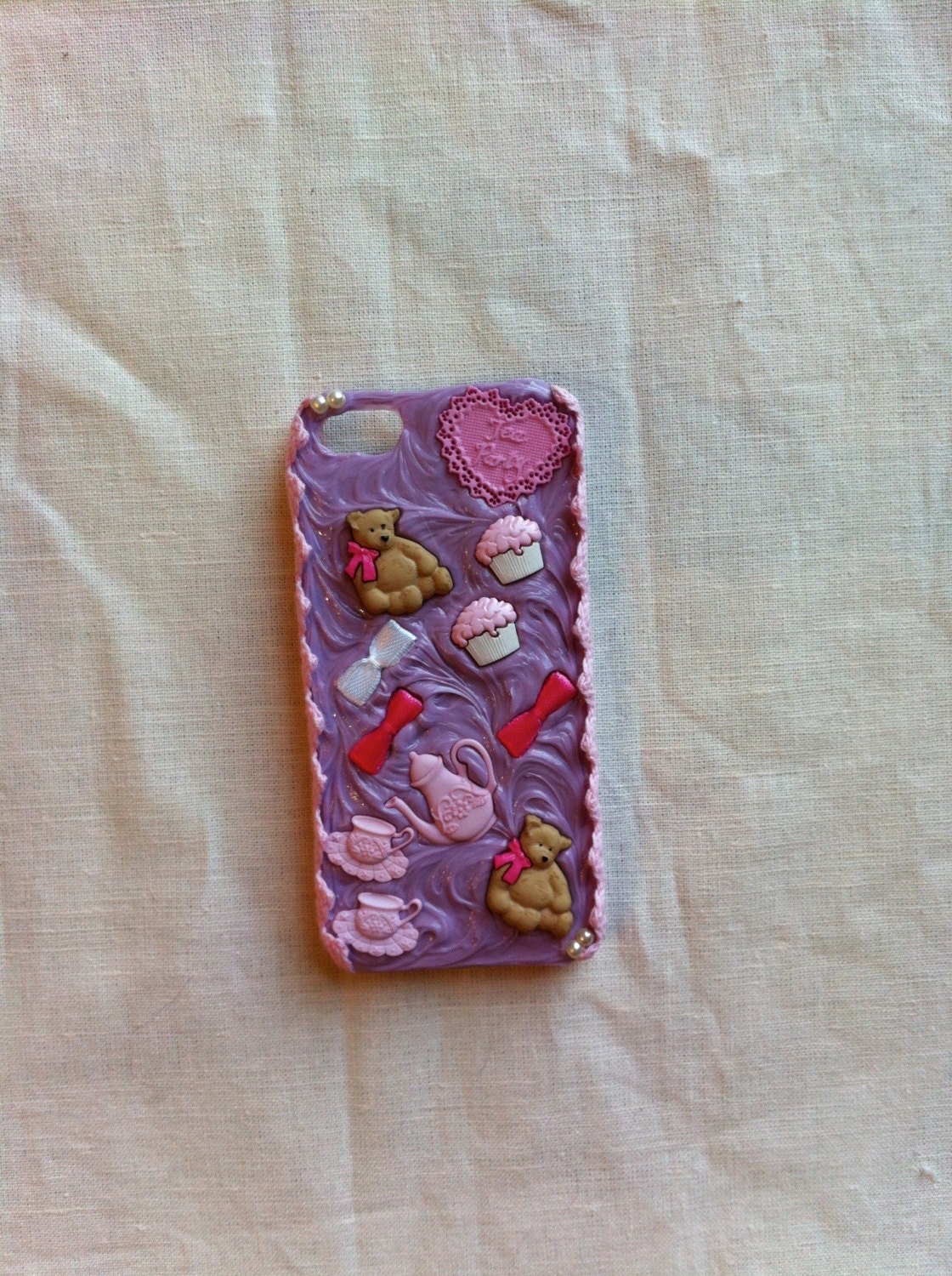 20% OFF SALE. Handmade, Tea Party, Cupcakes, Lilac iPhone 5 phone case. 3D, Teacups, Lace. Vintage Phone Fashion. iPhone 5 Cover.