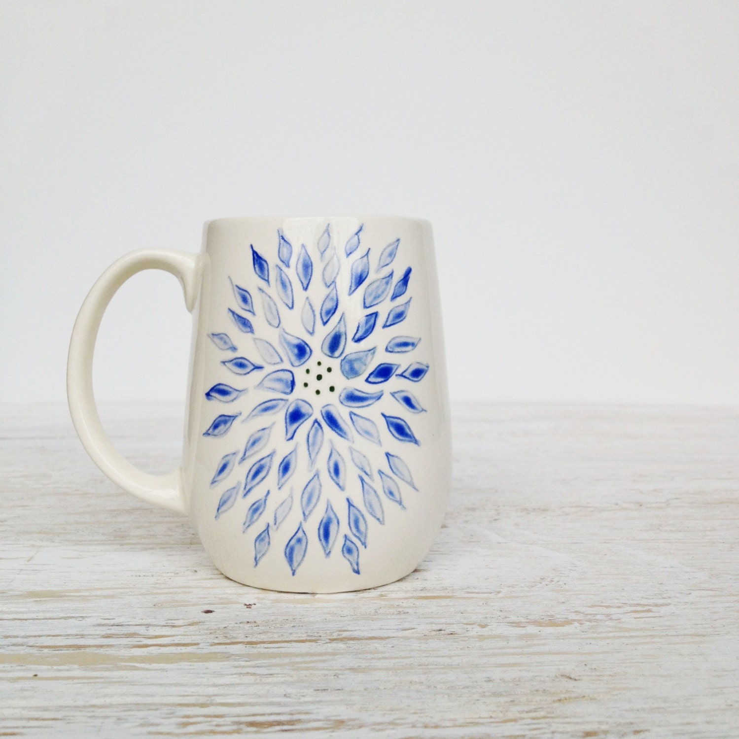 Ceramic Mug - Blue Cup - Blue Dahlia Flower - Ceramics and Pottery