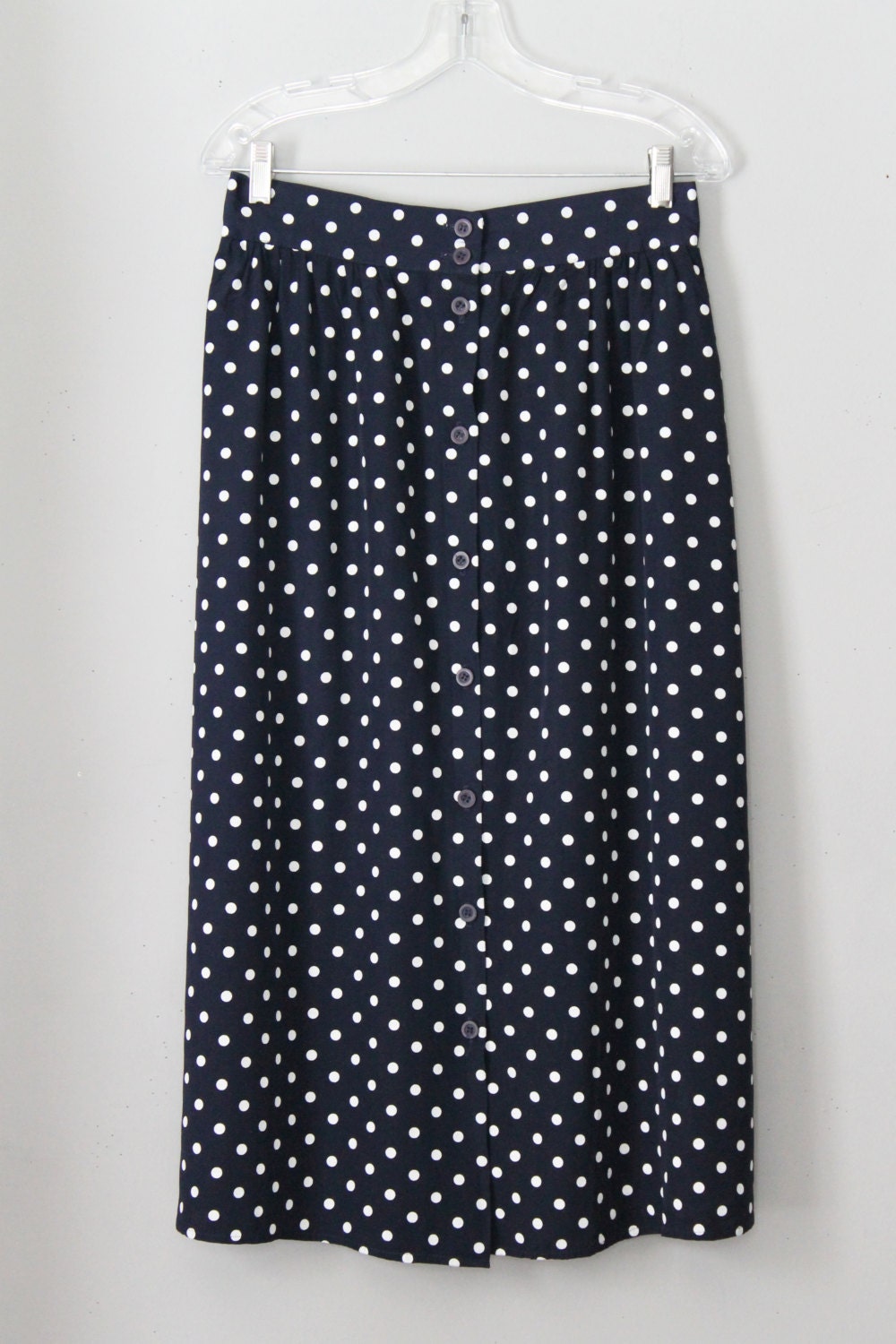 Vintage 90's Navy Blue White Polka Dot Button Up Skirt Size Medium Large