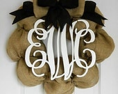 Burlap Front Door Wreath With Bow and Monogram Initials - Black Ribbon