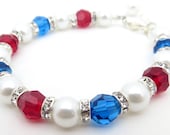 Patriotic Bracelet Memorial Day , Red, White, Blue and SIlver with Swarovski Crystals and Czech Pearls, USA Memorial Day July 4th - LucidDreamsJewelry