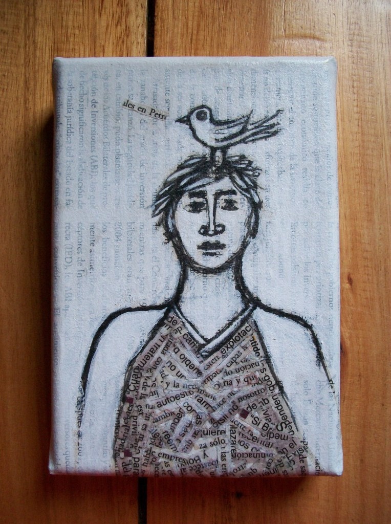 Mixed media. Collage. Original painting. Acrylic, ink, 6x4 inch. "To daily"