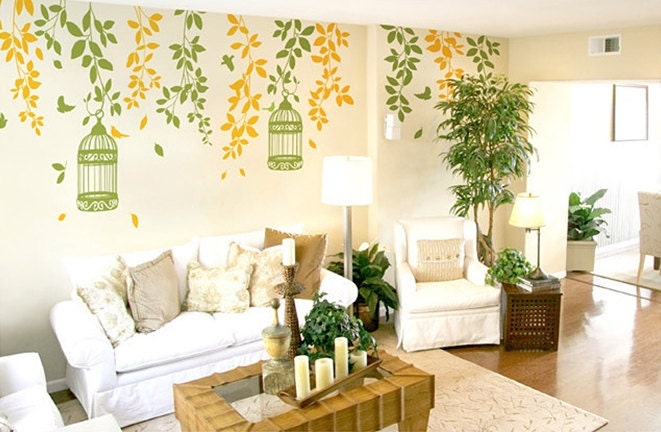 Birds Cage Branch Leaves Large Size Natural Color sets DIY Modern Wall Art Vinyl Decals Stickers for home office decor  words db-3