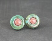 Ceramic jewerly studs circle-Pastel pink dots with rustic mint green- ceramic post, earrings, mini ,celadon,surgical steel,pastel,