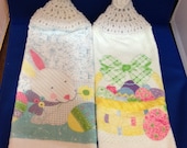Sale - Set of 2 Hanging Hand Towels (Tea Towels) Easter / Spring Themed Towels with Crocheted Tops