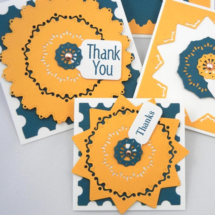 Handmade Thank You Cards, Set of 4, Yellow-Gold and Teal Colors, Filigree Paper Cutting, Embossing, Paper Goods
