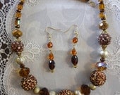handmade statement necklace with dangle earrings, brown Statement Necklace, crystal necklace,  gift for her, brown- Beige  crystal beads