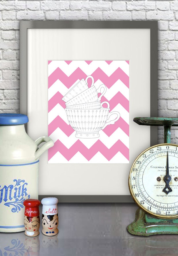 Vintage Tea Cups : Pink Chevron - Kitchen Art, 8x10 print, Anthropologie Inspired
