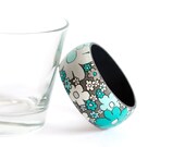 Mint Bangle, Grey and Green Floral Wood Bracelet, Daisy Flowers, Spring Jewelry, Gift under 25, Wood Jewelry