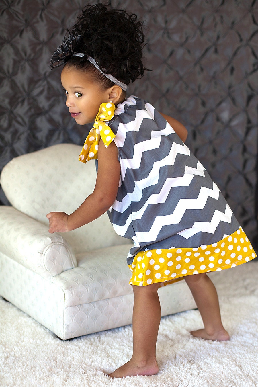 Girls Gray and White Chevron Pillowcase Dress wit Yellow Polka Dot Trim..Sizes 6m,12m, 18m, 2T, 3T, 4T
