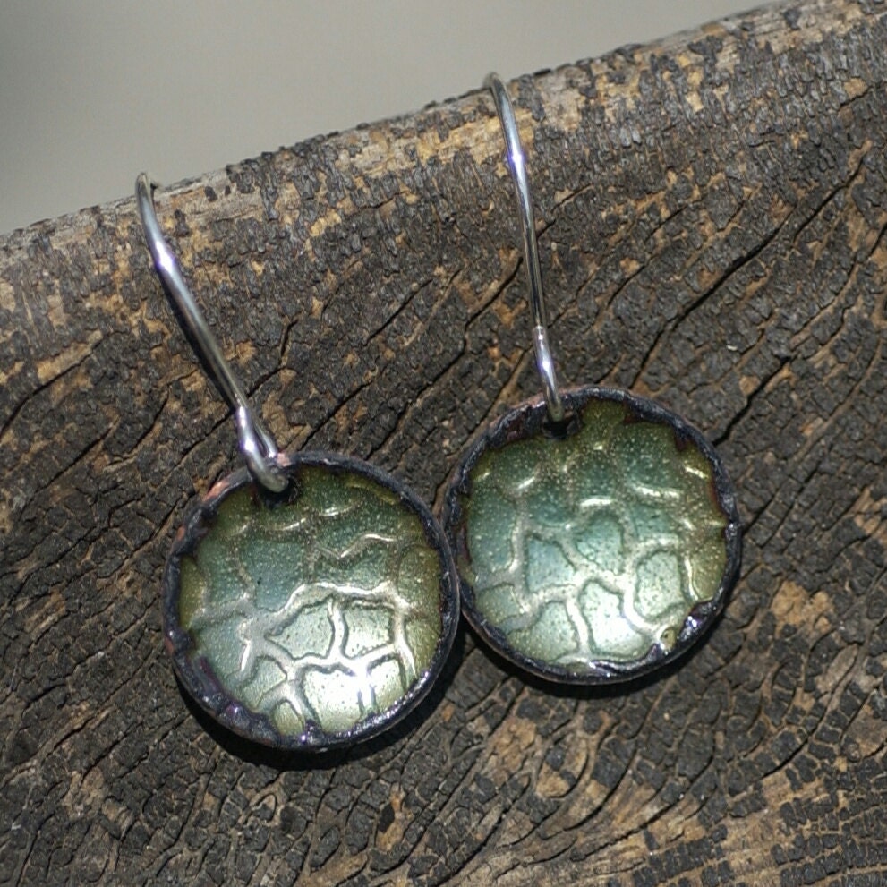 Copper Enamel Earrings Sea Fan in Watercolor Blue small round dome earrings, simple earrings