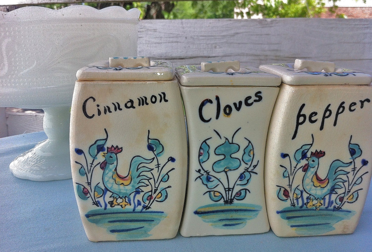 JUNE SALE 20% off Vintage 1950's UCAGCO Ceramic Blue Rooster Spice Jars Cinnamon Cloves Pepper Porcelain Kitchen Home Retro 60's Canisters