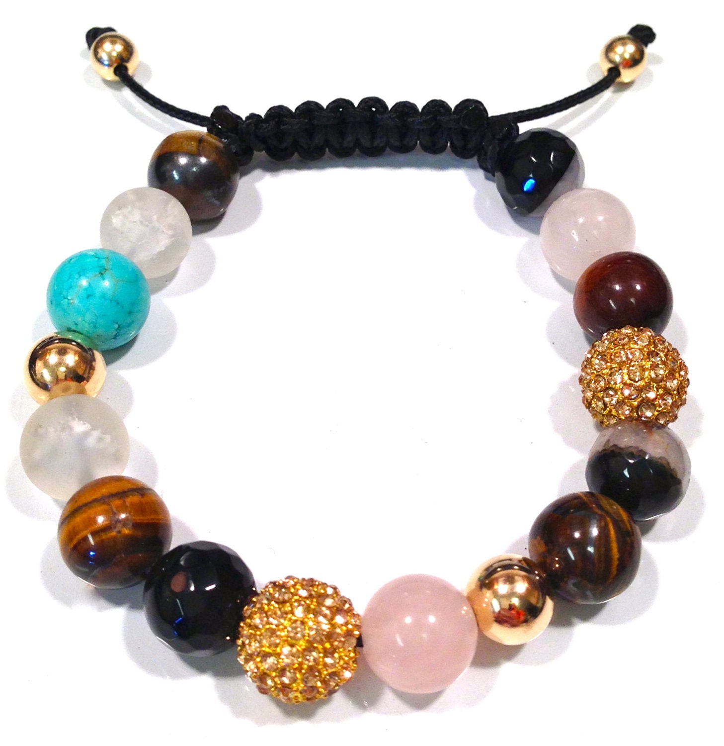 Gold Plated Metal Crystal Bead, Rose Quartz, Teal, Tigers Eye, Black Onyx Marble Bead Accents Hand-Made Shamballa Bracelet
