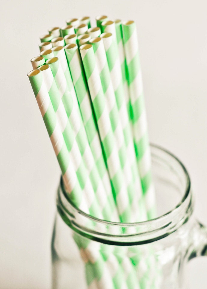 Paper Straws - Mint Green & White Striped (Set of 25) Pastel Cute Fun Unique Pretty Wedding Birthday Party Baby Shower Accessories Decor