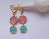 Rose water Opal with mint opal gold plated earrings - Dangle Earrings - Chalcedony Earrings - Gemstone Earrings - Round clip Earhook - Gift