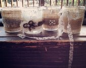 Wedding Candles set of 6 Burlap, Lace, Jute, Twine, Pearl Tea Candles - Lace Edition