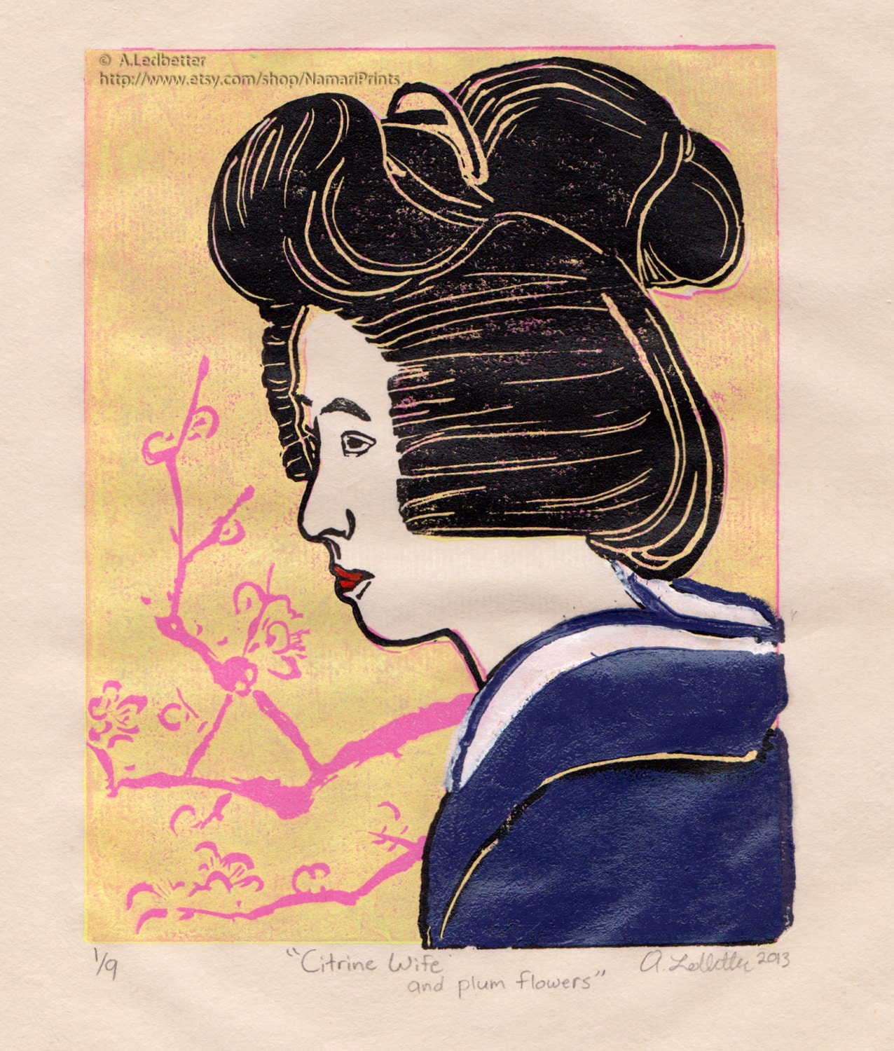 Citrine Wife & Plum Flowers - Linocut print - Geiko Geisha Art Japanese Woman in Purple Kimono - Limited edition via reduction method
