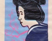 Azure Lover & Plum Flowers - Linocut print - Geiko Geisha Art Japanese Woman in Purple Kimono - Limited edition via reduction method