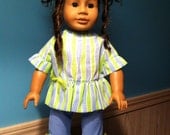 American Girl, 18 inch doll clothes, Blue and Lime Green Striped Tunic with Ruffled Pants Set