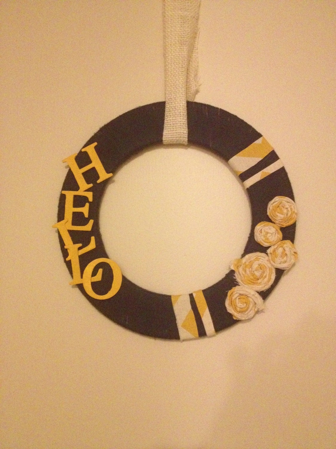 12" Circular Navy Yarn and Yellow Fabric "Hello" Wreath