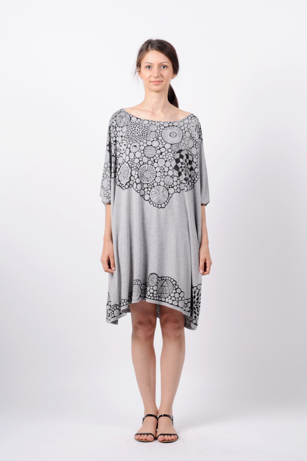 Gray hand painted t-shirt dress, viscose and elastane, decorative pattern - MagieNoireRo
