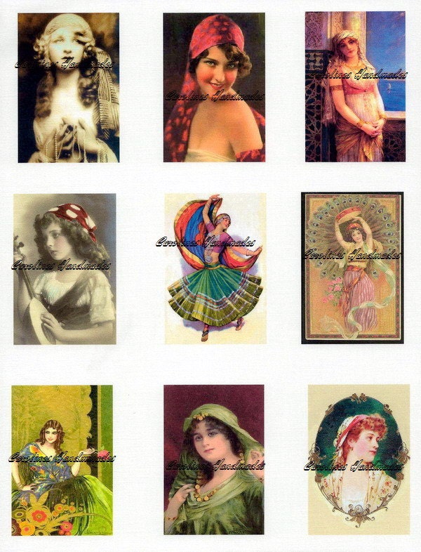 Gypsy Women Crazy Quilt Reproduction Cotton Fabric Print Applique Blocks 9 at 2X3" each