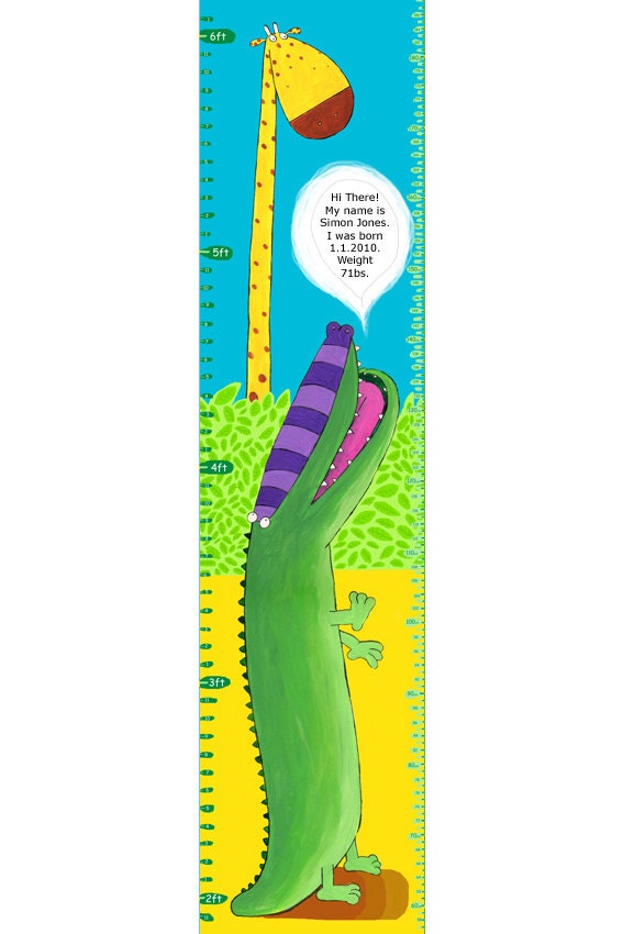 Crocodile Personalised Height Chart For Baby's Nursery And Kids Bedroom.