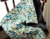 Giraffe and Minky Baby Stroller Blanket, Citron, Gray, Green and blue , 30 X 36 Toddler Blanket, Designer Fabric, Made To Order