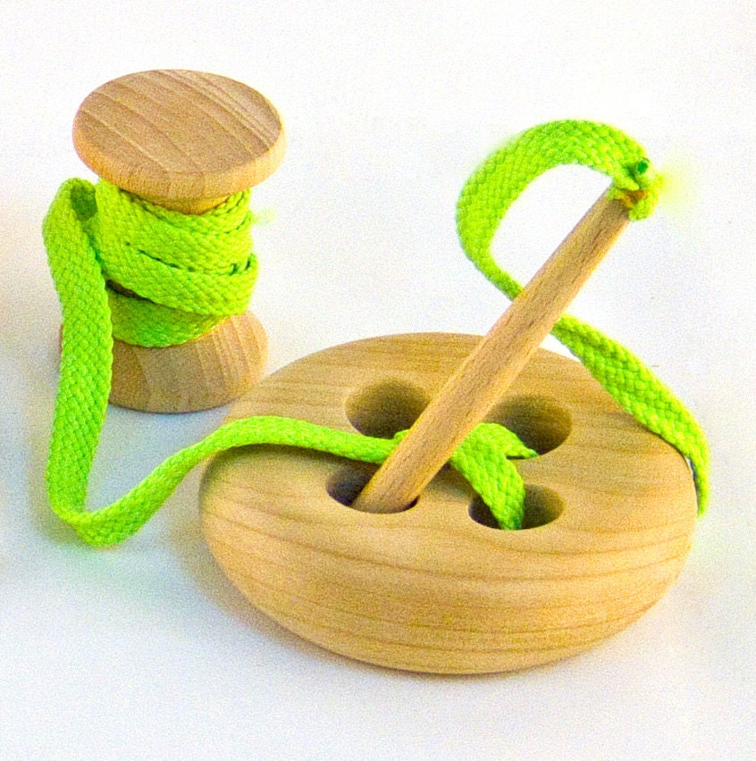 Wooden Lacing Button with Reel, Montessori toy, Handmade Educational Toy