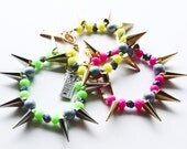 Dreamboat, neon pink arm candy bracelet with holographic beads, titanium crystals, spikes, SS13, festival, quirky, spacepunk, OOAK