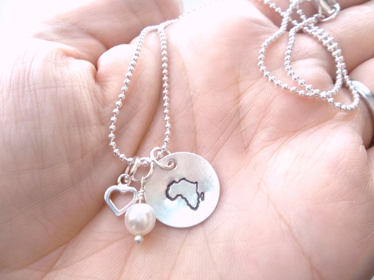 Custom Hand Stamped Sterling Silver AFRICAN ADOPTION Necklace with vintage pearl and silver filled heart charm