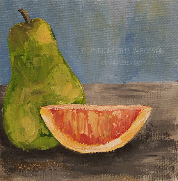 Cara Cara Orange, Green Pear, Original painting, Still Life, Impressionism, Winjimir, Fine art, Home decor,