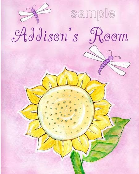 Sunflower purple dragonfly girls fine art print name personalized picture design bug garden poster custom handmade---11X14 inch size
