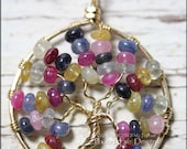 Sapphire 14k Gold Tree of LIfe Pendant Wire Wrapped September Birthstone Natural Gemstone Blue Red Pink Yellow Multicolored Gift for Her
