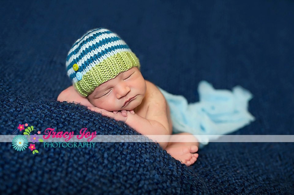 Perfect Fit Newborn Beanie with buttons green blue baby hat photography prop
