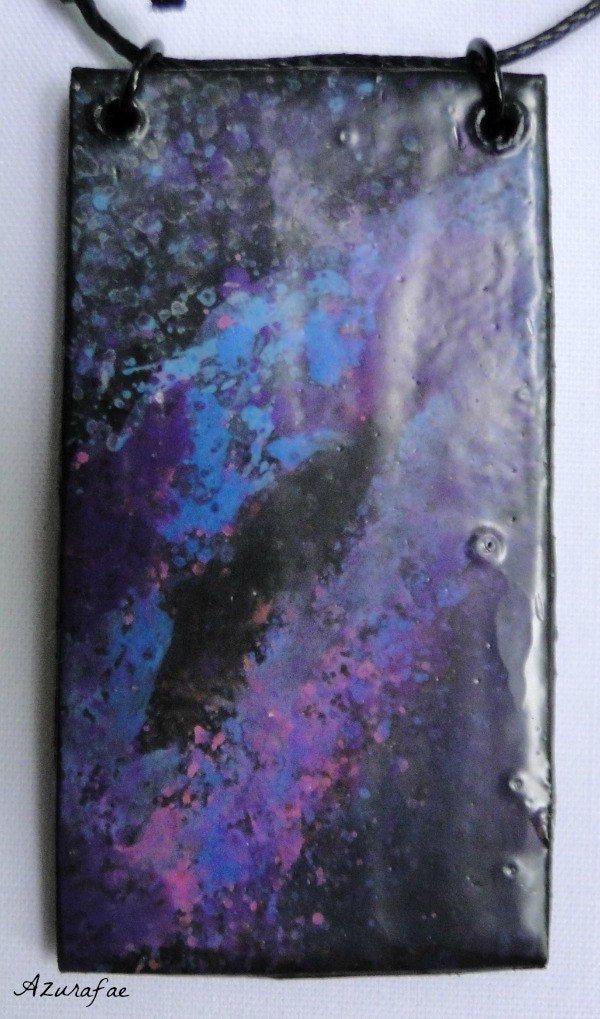 Blue & Purple Galaxy Watercolor Painting Paper Necklace OOAK