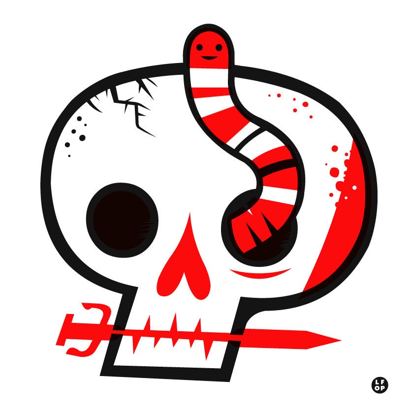 Cute Skull Worm Art Print Screenprint - Pirate Knife Dagger Hand Printed Silkscreen Poster - Little Friends of Printmaking