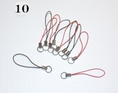 10 Cell Phone Charm Straps, w/ Split Rings, 5 Black charm straps & 5 red straps with silver-tone metal--DIY