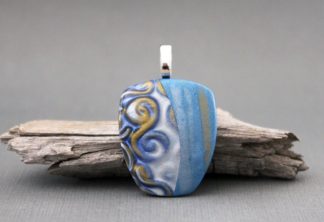 Polymer clay pendant. Steel blue. Polymer clay jewelry. Swirls. Swirly. free form. hand formed.