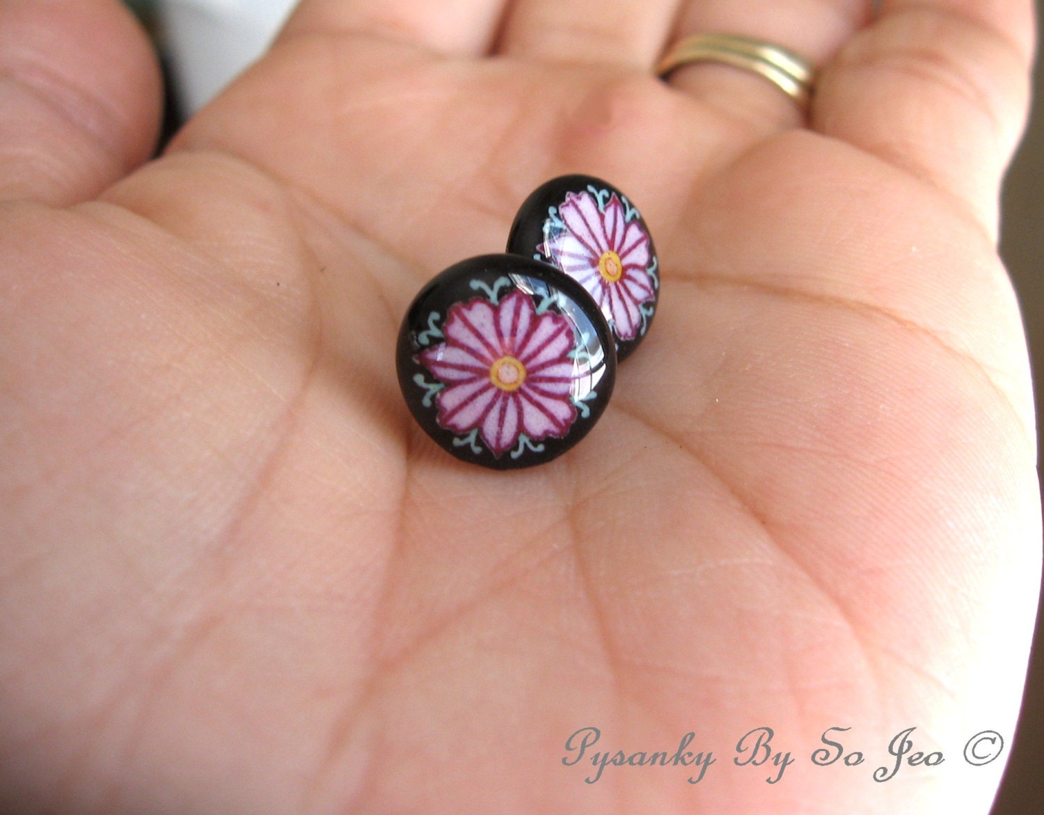 Eco Tiny Pink Flowers & Leaves Pysanky / Batik Eggshell Stud Earrings