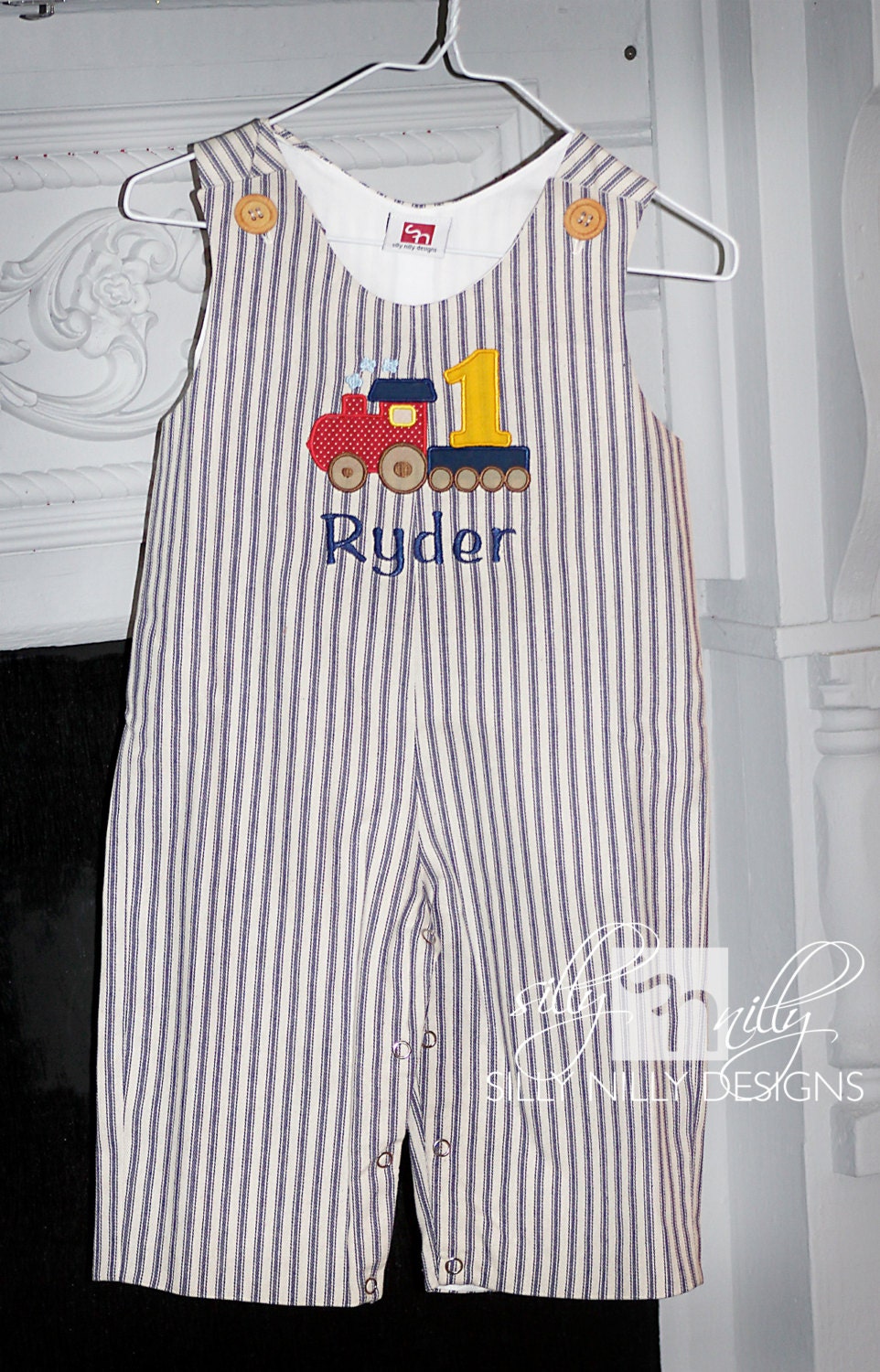 Size 3m, 6m, 9m, 12m, 18m, 2t Vintage Train Steam Engine Birthday LONG jon or long romper for boys by Silly Nilly