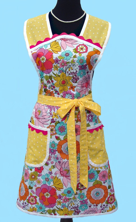 Womens Retro Apron - Vintage Inspired Retro 50's Kitchen Apron With Pockets White Pink Yellow