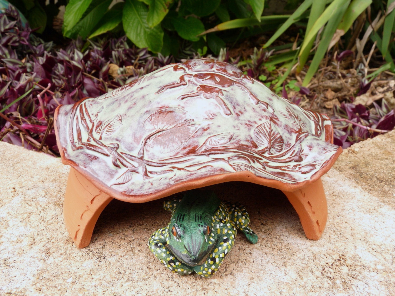 Ceramic Frog House Toad Abode, Big Ladybug In The Garden Design, Nature Inspired Pottery Garden Art Brown and Green