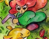 Secret of Mana - Print of Original Watercolor Illustration by Jen Tracy - Sprite and Rabite - Colorful Video Game Wall Art