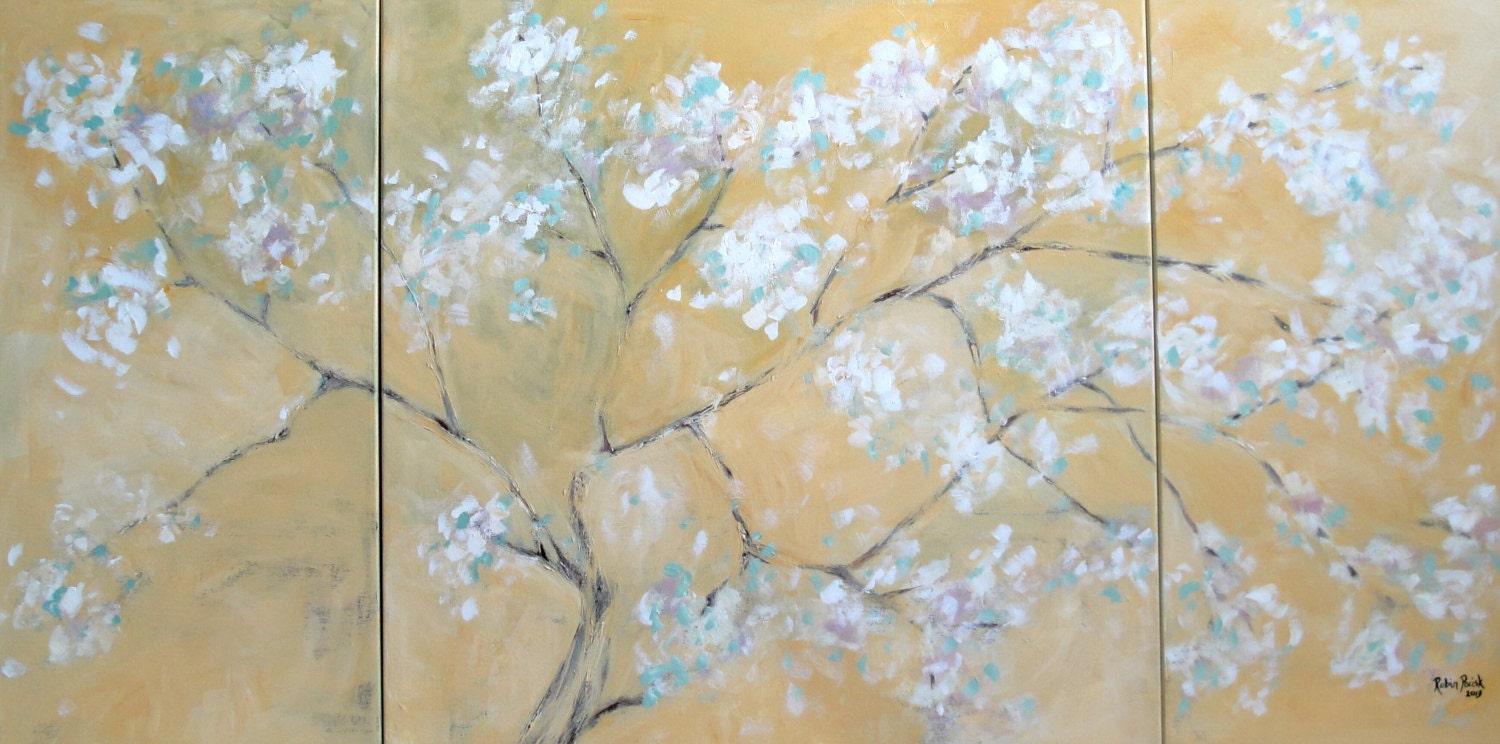 Cherry Tree Triptych 24 inches x 48 inches Abstract Impressionist Art by Robin Pocisk