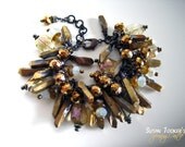 Gold Aura Quartz Crystal Point Charm Bracelet Golden Rhinstone Iridescent Crystal Beads FREYJA by Spinning Castle
