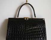 50s Crocodile Handbag // Vintage Crocodile Bag Purse In Rich Cognac Large