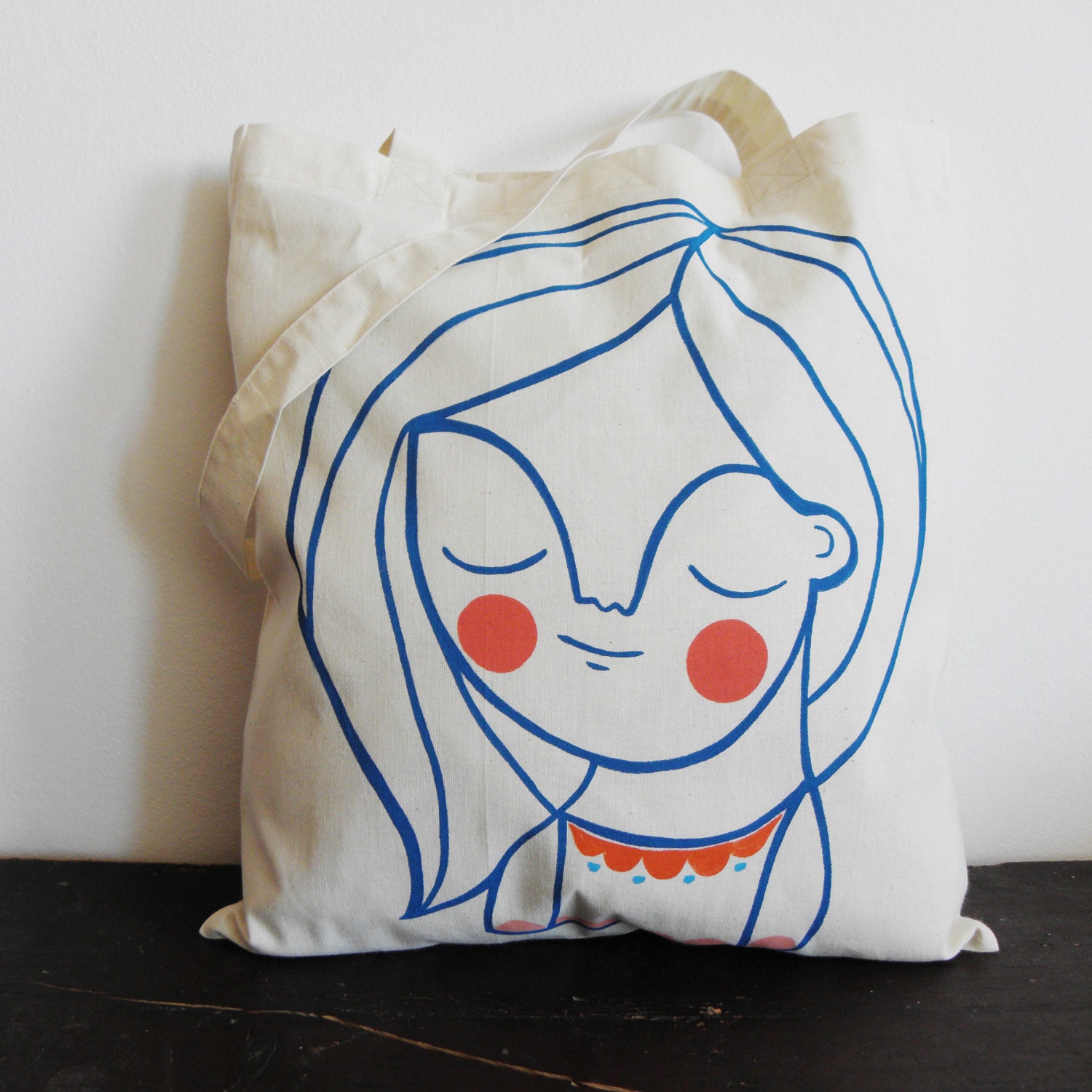 Blue tote bag hand-painted organic cotton - Girl shopping bag - Ambra