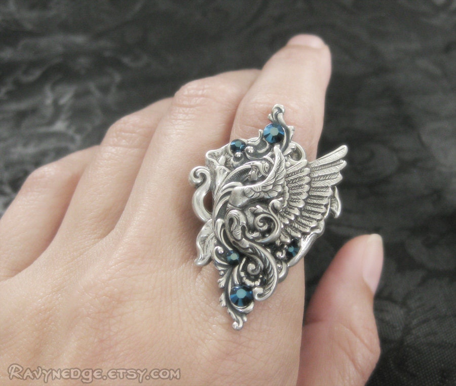 Valkyrie's Pride Ring II - Metallic Blue Swarovski and Silver Winged Warrior
